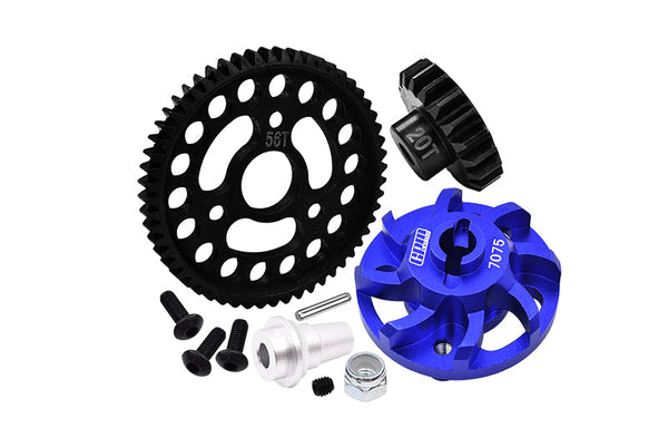 Aluminum 7075 Alloy Spur Gear Adapter With Steel 32 Pitch 56T Spur Gear & 20T Motor Gear For Traxxas 1/10 SLASH 4X4 LCG-68086-21 Upgrades - Blue