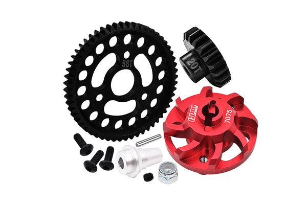 Aluminum 7075 Alloy Spur Gear Adapter With Steel 32 Pitch 56T Spur Gear & 20T Motor Gear For Traxxas 1/10 SLASH 4X4 LCG-68086-21 Upgrades - Red