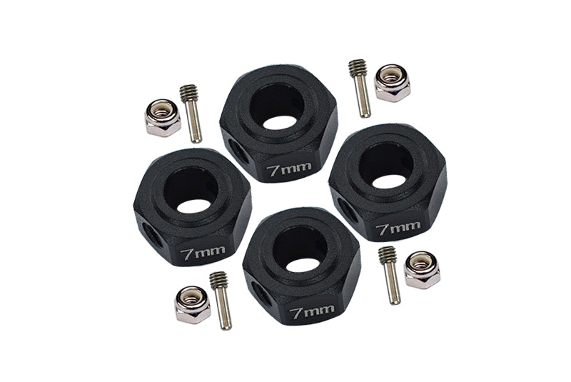 Aluminium Hex Adapter (12mmx7mm) For Arrma 1:10 GRANITE / BIG ROCK 3S / BIG ROCK V3 3S / VORTEKS 3S / SENTON 3S / 1:8 VENDETTA 3S - 4Pc Set Black