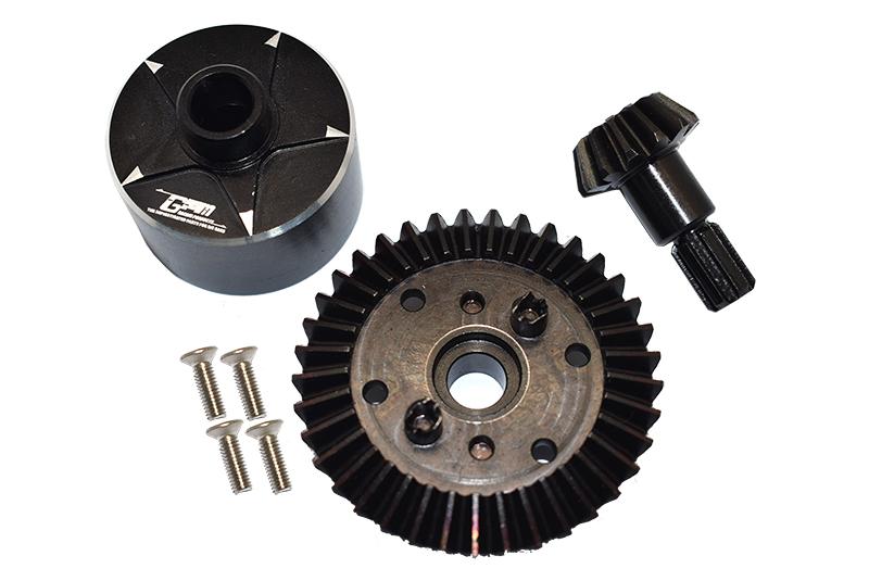 Carbon Steel Ring Gear 37T & Pinion Gear 13T With Aluminum Diff Case For 1:10 Granite / Kraton 4S / Vorteks 3S / Senton V3 / 1:8 Vendetta 3S / Infraction V3 - 7Pcs Set Black