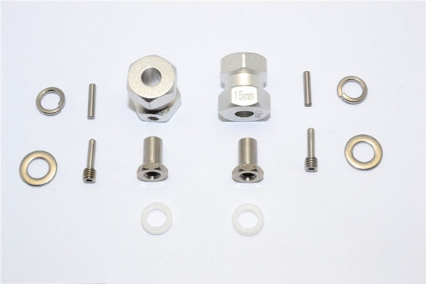 Axial RR10 Bomber Aluminum Wheel Hex Adapter (Inner 5mm, Outer 12mm, Thickness 15mm) - 2Pcs Set Silver