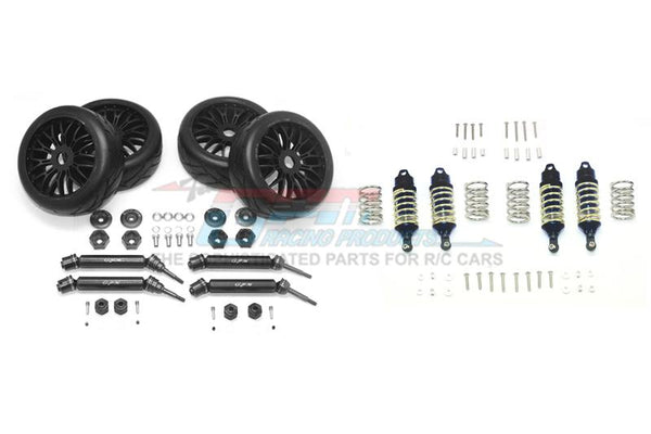 Traxxas Rustler 4X4 VXL (67076-4) Upgrade Parts Front & Rear Aluminum Shocks + Steel #45 Axles + Spring Steel Hex + Rubber Radial Tires (Low Center Of Gravity Set) - 88Pc Set Black