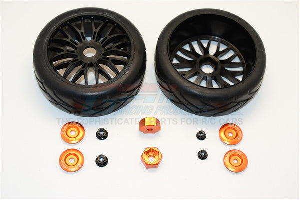 Rubber Radial Tires With Plastic Wheels With 12mm To 17mm Converter, 4mm & 5mm Wheel Lock - 2Pcs Set Orange