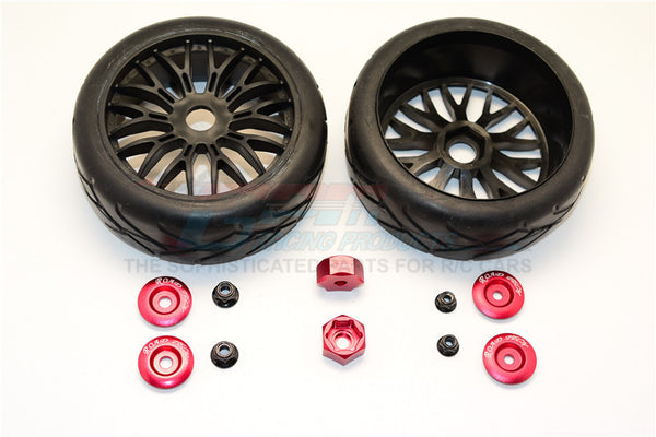 Rubber Radial Tires With Plastic Wheels With 12mm To 17mm Converter, 4mm & 5mm Wheel Lock - 2Pcs Set Red