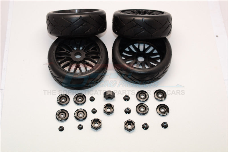 Rubber Radial Tires With Plastic Wheels With 12mm To 17mm Converter, 4mm & 5mm Wheel Lock - 4Pcs Set Black
