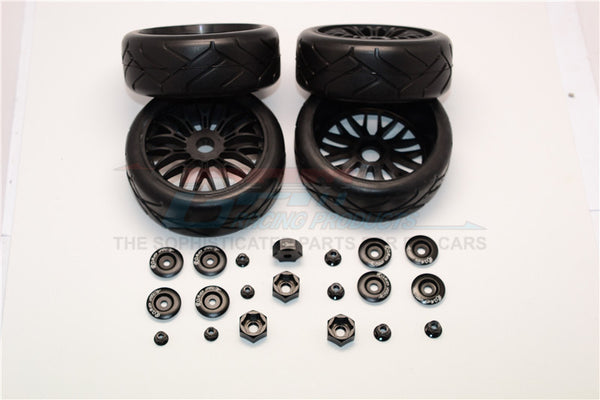 Rubber Radial Tires With Plastic Wheels With 12mm To 17mm Converter, 4mm & 5mm Wheel Lock - 4Pcs Set Black