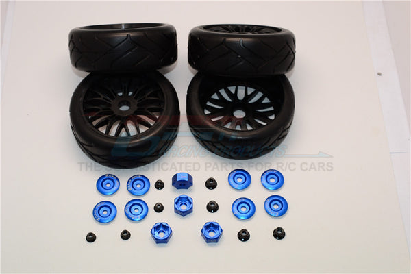 Rubber Radial Tires With Plastic Wheels With 12mm To 17mm Converter, 4mm & 5mm Wheel Lock - 4Pcs Set Blue