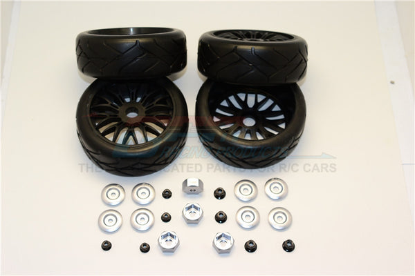 Rubber Radial Tires With Plastic Wheels With 12mm To 17mm Converter, 4mm & 5mm Wheel Lock - 4Pcs Set Gray Silver