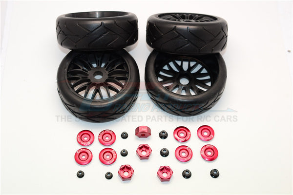 Rubber Radial Tires With Plastic Wheels With 12mm To 17mm Converter, 4mm & 5mm Wheel Lock - 4Pcs Set Red