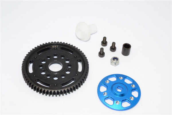 Axial Yeti Aluminum Spur Gear Adapter + Steel Spur Gear 32 Pitch 64T - 2 Pcs Set Blue