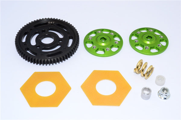 Axial Yeti Aluminum Spur Gear Adapter + Steel Spur Gear 32 Pitch 64T + Fibre Slipper Pad - 5 Pcs Set Green
