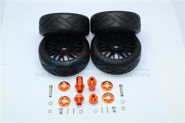 Axial Yeti Rock Racer Aluminum Front & Rear Hex Adapters + Rubber On-Road Radial Tires With Plastic Wheels - 2Prs Set Orange