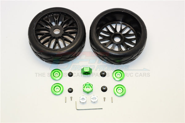 Axial Yeti (AX90026) & Yeti SCORE (AX90050, AX90068) Rubber Radial Tires With Plastic Wheels & Wheel Hub Adapters, 12mm To 17mm Converter, 4mm & 5mm Wheel Lock - 2Pcs Set Green