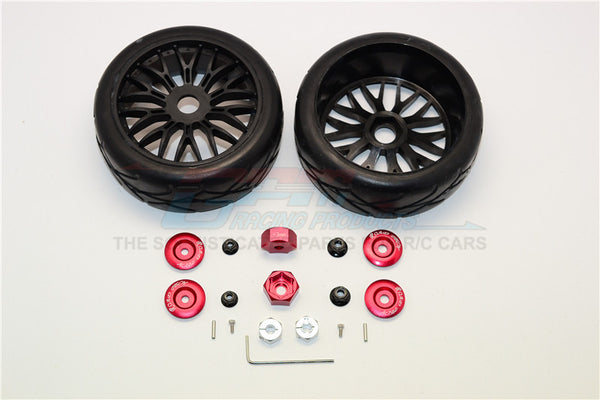 Axial Yeti (AX90026) & Yeti SCORE (AX90050, AX90068) Rubber Radial Tires With Plastic Wheels & Wheel Hub Adapters, 12mm To 17mm Converter, 4mm & 5mm Wheel Lock - 2Pcs Set Red