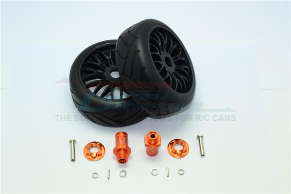 Axial Yeti Rock Racer Aluminum 23mm Rear Hex Adapters + Rubber On-Road Radial Tires With Plastic Wheels - 1Pr Set Orange
