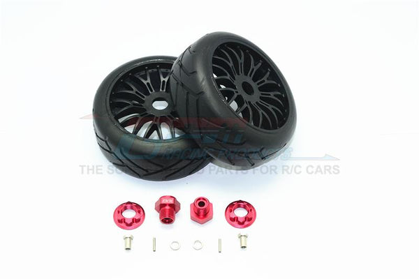Axial Yeti Rock Racer Aluminum 8mm Front Hex Adapters + Rubber On-Road Radial Tires With Plastic Wheels - 1Pr Set Red