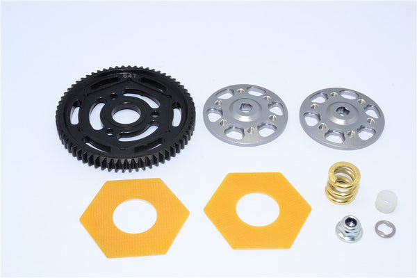 Axial Yeti XL Monster Buggy Aluminum Spur Gear Adapter + Steel Spur Gear 32 Pitch 64T + Fibre Slipper Pad - 5Pcs Set Gray Silver