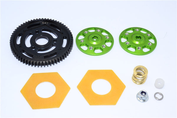 Axial Yeti XL Monster Buggy Aluminum Spur Gear Adapter + Steel Spur Gear 32 Pitch 64T + Fibre Slipper Pad - 5Pcs Set Green