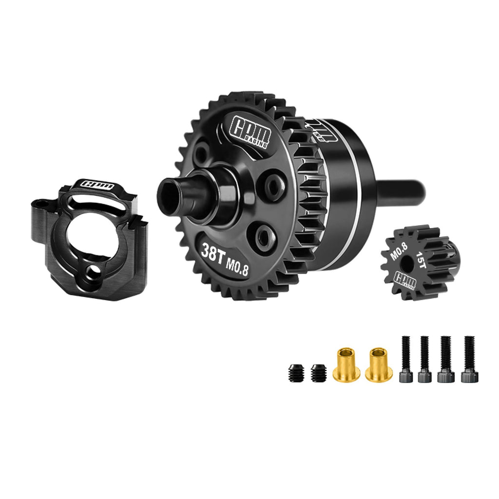 20CrMnTi Steel + Aluminum 7075 Alloy Complete Center Differential 38T 0.8 Mod & Motor Plate & Pinion Gear 15T For Arrma 1/16 Mini Kraton 3S Speed Truck Upgrades - Black