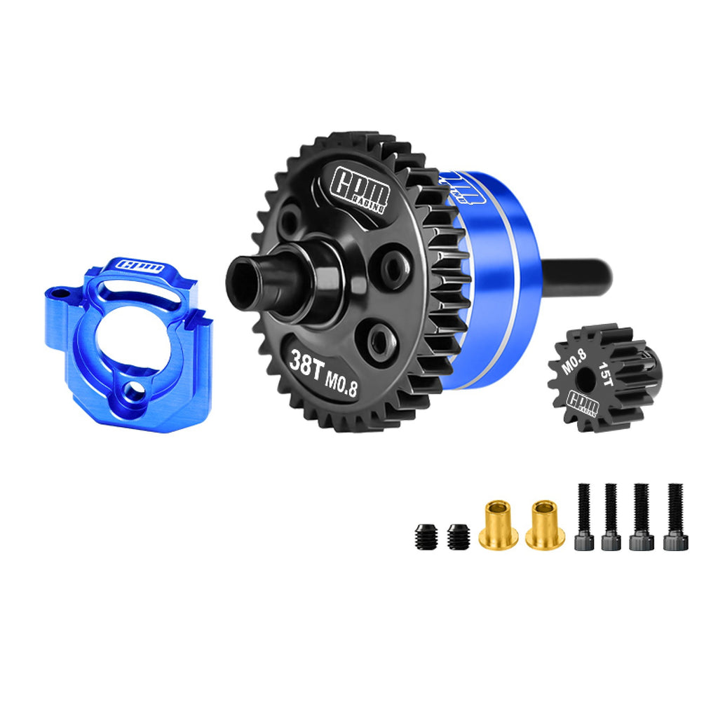20CrMnTi Steel + Aluminum 7075 Alloy Complete Center Differential 38T 0.8 Mod & Motor Plate & Pinion Gear 15T For Arrma 1/16 Mini Kraton 3S Speed Truck Upgrades - Blue
