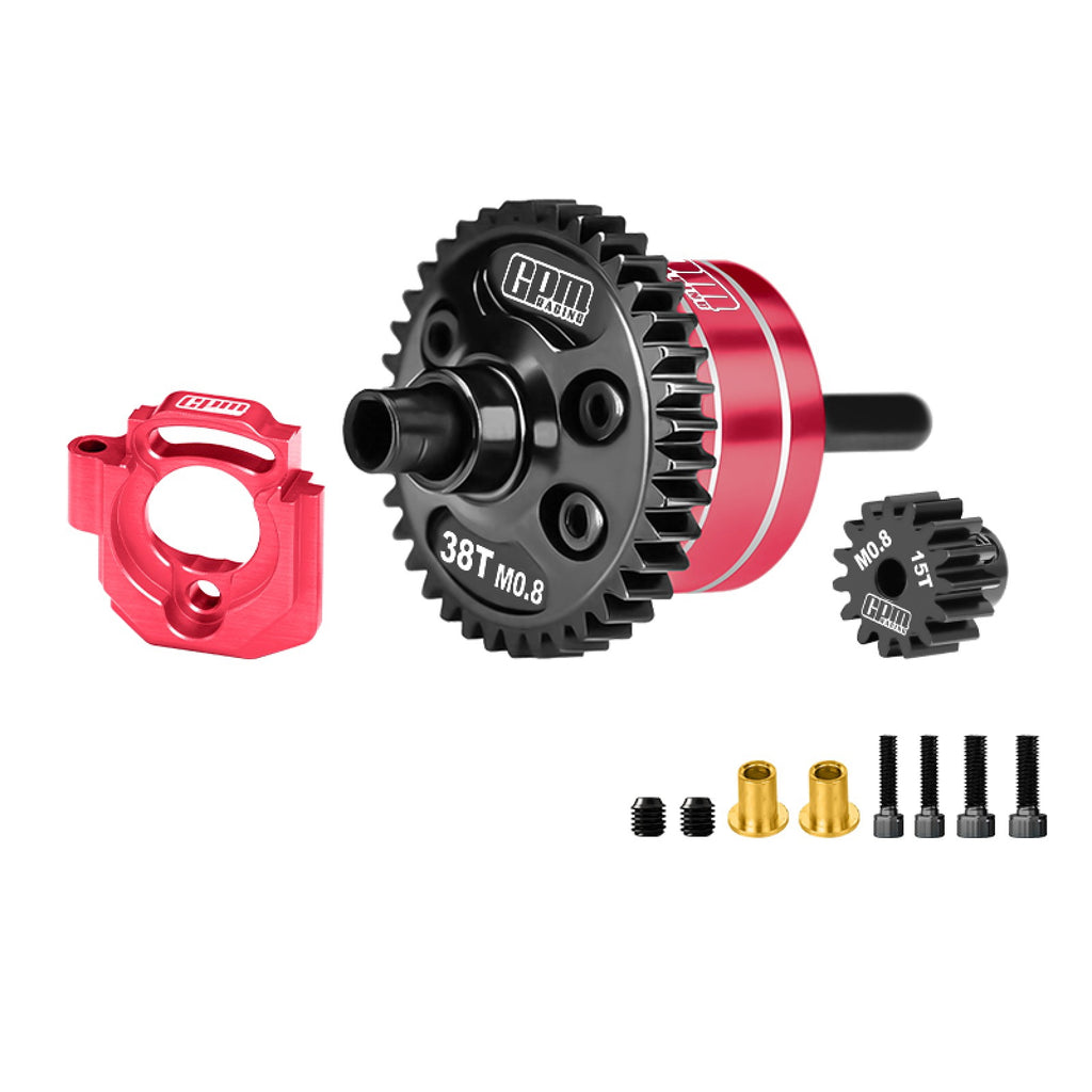 20CrMnTi Steel + Aluminum 7075 Alloy Complete Center Differential 38T 0.8 Mod & Motor Plate & Pinion Gear 15T For Arrma 1/16 Mini Kraton 3S Speed Truck Upgrades - Red