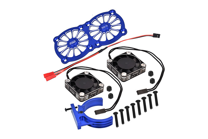 Aluminum 7075-T6 Motor Heatsink With Dual Metal Frame Waterproof Cooling Fan And Adjustable Mount For 1:5 Arrma KRATON 8S BLX/OUTCAST 8S BLX/Traxxas X-Maxx 6S / X-Maxx 8S / 1:7 XO-01 - Blue