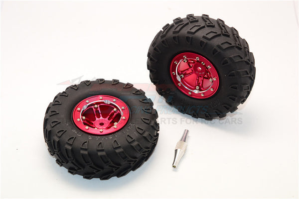 Aluminum 5 Poles Simulation Wheels In Silver Edge With 1.9" Tire & Hex Tool (All Silver Screws) - 1Pr Set Red