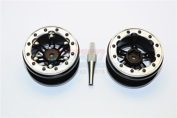 Aluminum 6 Poles Simulation Wheels In Silver Edge For 1.9" Tire With Hex Tool - 1Pr Set Black+Silver