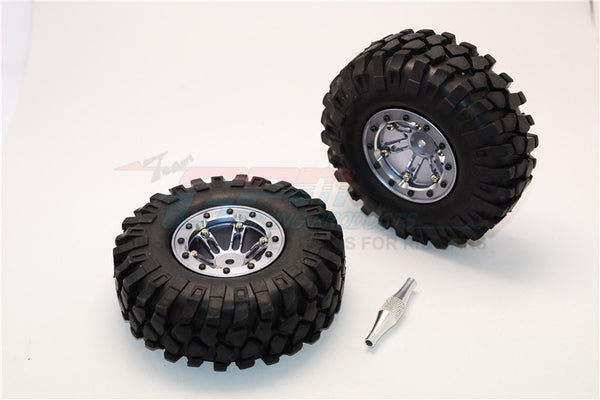 Aluminum 6 Poles Simulation Wheels In Silver Edge With 1.9" Crawler Tire & Hex Tool (Inner Silver & Outer Black Screws) - 1Pr Set Gray Silver