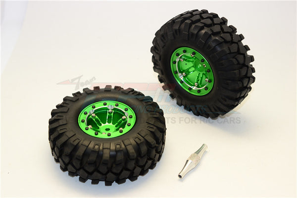 Aluminum 6 Poles Simulation Wheels In Silver Edge With 1.9" Crawler Tire & Hex Tool (Inner Silver & Outer Black Screws) - 1Pr Set Green