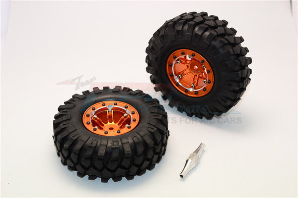 Aluminum 6 Poles Simulation Wheels In Silver Edge With 1.9" Crawler Tire & Hex Tool (Inner Silver & Outer Black Screws) - 1Pr Set Orange