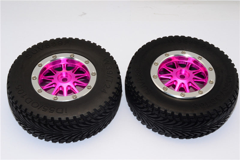 HPI Bullet Nitro 3.0 Rubber Front Tires With Nylon Rims Frame & Aluminum 10 Poles Beadlock Rims & 12X9mm Drive Adapters - 1Pr Set Pink
