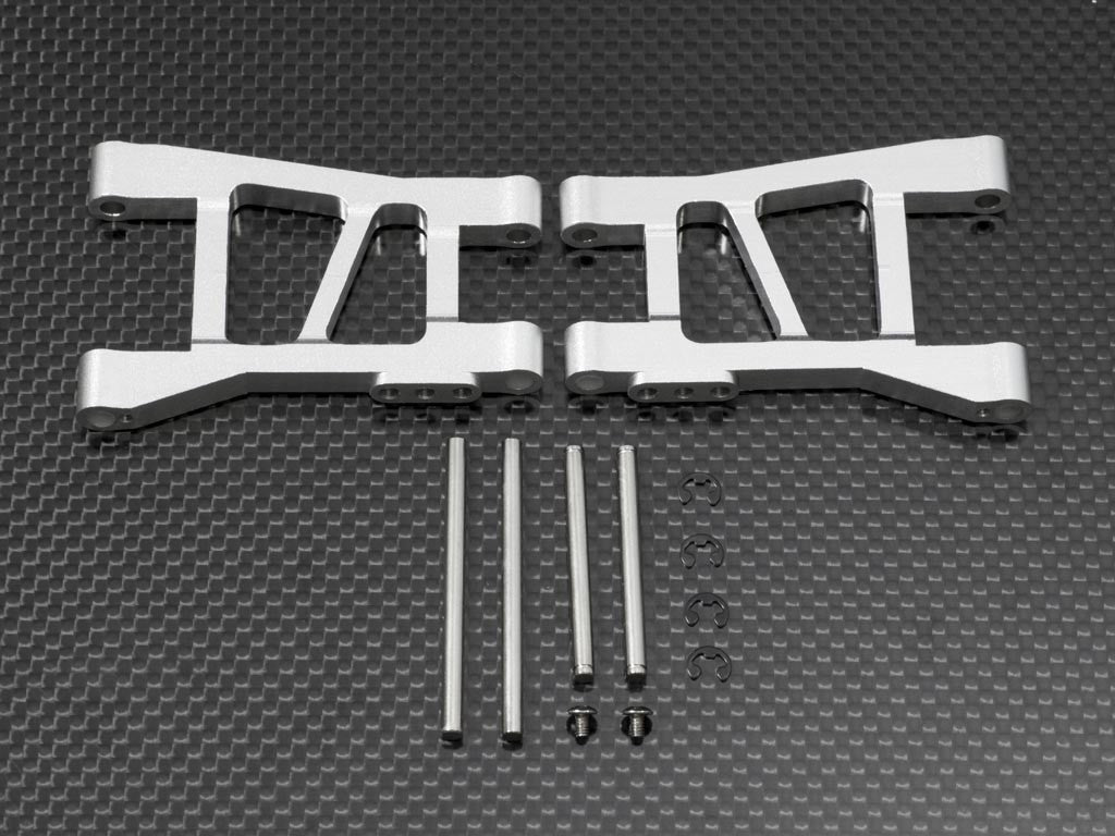 Tamiya DF-02 Aluminum Front Lower Arm With Pins & 2.5mm E-Clips & Delrin Collars & Screws - 1Pr Set Silver