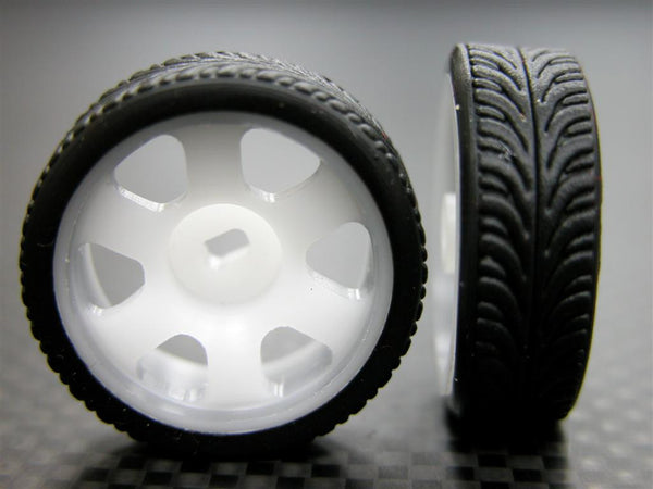 Kyosho Mini-Z AWD Delrin Front/Rear Ridge Rims (6P, 3.5mm Off Set, Width 8.3mm) With Tires - 1Pr Set White