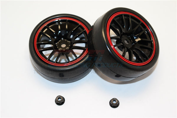 Rubber Slick Tires Of 26mm Width Mount With 7 Spokes Plastic Wheels - 1Pr Set Black+Red