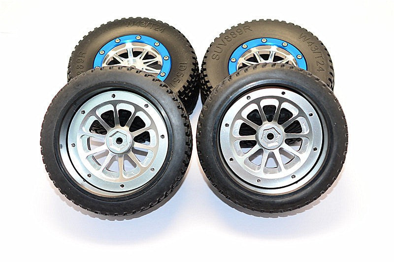 Axial EXO Rubber Front & Rear Tires With Nylon Rims Frame & Alloy 10 Poles Beadlock Rims - 2Prs Set Silver