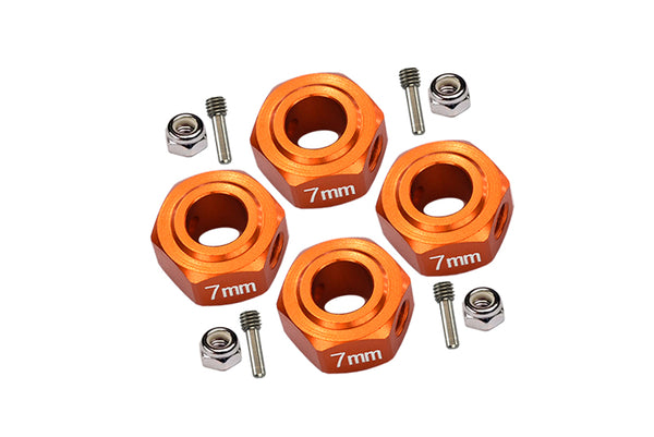 Aluminium Hex Adapter (12mmx7mm) For Arrma 1:10 GRANITE / BIG ROCK 3S / BIG ROCK V3 3S / VORTEKS 3S / SENTON 3S / 1:8 VENDETTA 3S - 4Pc Set Orange