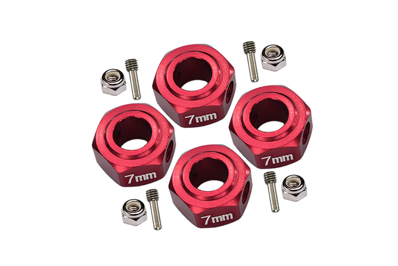 Aluminium Hex Adapter (12mmx7mm) For Arrma 1:10 GRANITE / BIG ROCK 3S / BIG ROCK V3 3S / VORTEKS 3S / SENTON 3S / 1:8 VENDETTA 3S - 4Pc Set Red