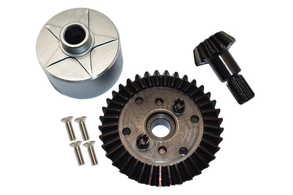 Carbon Steel Ring Gear 37T & Pinion Gear 13T With Aluminum Diff Case For 1:10 Granite / Kraton 4S / Vorteks 3S / Senton V3 / 1:8 Vendetta 3S / Infraction V3 - 7Pcs Set Gray Silver