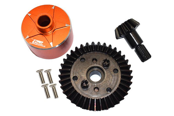 Carbon Steel Ring Gear 37T & Pinion Gear 13T With Aluminum Diff Case For 1:10 Granite / Kraton 4S / Vorteks 3S / Senton V3 / 1:8 Vendetta 3S / Infraction V3 - 7Pcs Set Orange