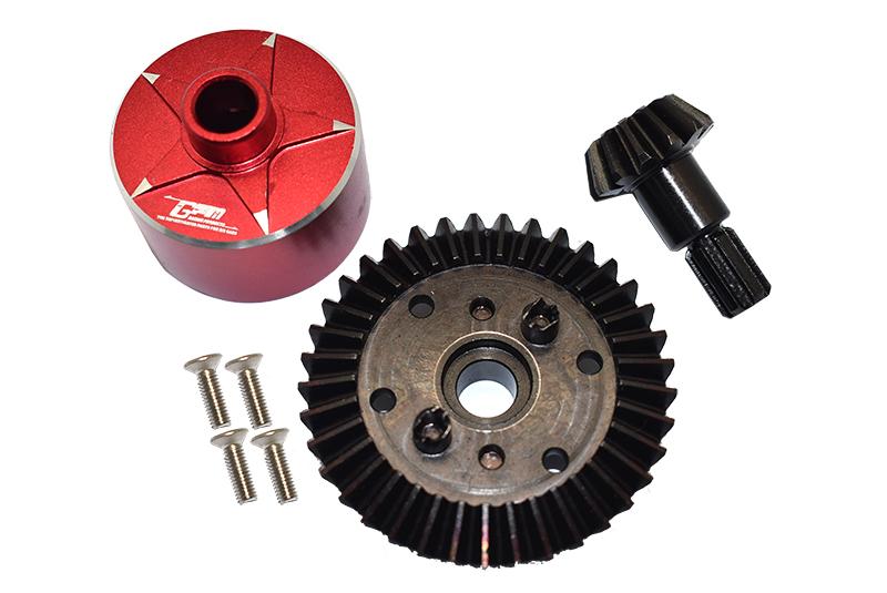 Carbon Steel Ring Gear 37T & Pinion Gear 13T With Aluminum Diff Case For 1:10 Granite / Kraton 4S / Vorteks 3S / Senton V3 / 1:8 Vendetta 3S / Infraction V3 - 7Pcs Set Red