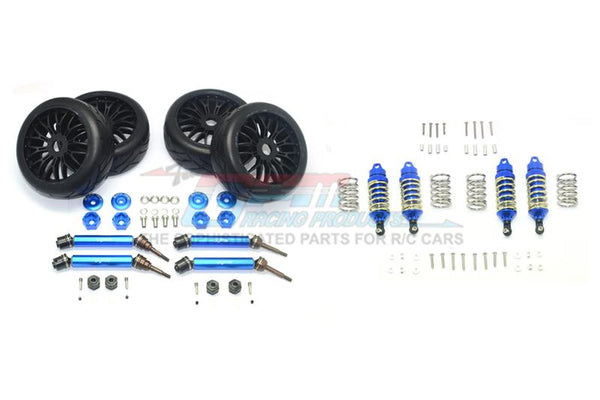 Traxxas Rustler 4X4 VXL (67076-4) Upgrade Parts Front & Rear Aluminum Shocks + Steel #45 Axles + Spring Steel Hex + Rubber Radial Tires (Low Center Of Gravity Set) - 88Pc Set Blue