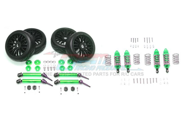 Traxxas Rustler 4X4 VXL (67076-4) Upgrade Parts Front & Rear Aluminum Shocks + Steel #45 Axles + Spring Steel Hex + Rubber Radial Tires (Low Center Of Gravity Set) - 88Pc Set Green