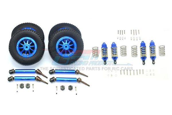 Traxxas Rustler 4X4 VXL (67076-4) Upgrade Parts Front & Rear Aluminum Shocks + Steel #45 Axles + Spring Steel Hex + Rubber Tires With Metal Rim (Low Center Of Gravity Set) - 68Pc Set Blue