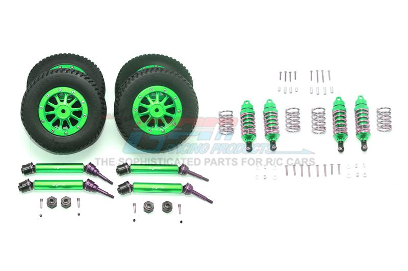 Traxxas Rustler 4X4 VXL (67076-4) Upgrade Parts Front & Rear Aluminum Shocks + Steel #45 Axles + Spring Steel Hex + Rubber Tires With Metal Rim (Low Center Of Gravity Set) - 68Pc Set Green