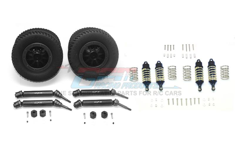 Traxxas Rustler 4X4 VXL (67076-4) Upgrade Parts Front & Rear Aluminum Shocks + Steel #45 Axles + Spring Steel Hex + Rubber Tires With Plastic Rim (Low Center Of Gravity Set) - 68Pc Set Black