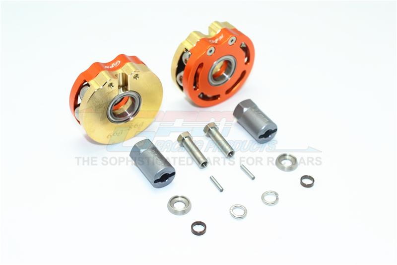 Axial SCX10 & SCX10 II Brass Pendulum Wheel Knuckle Axle Weight With Alloy Lid + 21mm Hex Adapter - 1Pr Set Orange