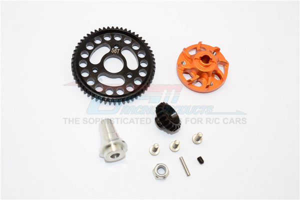 Traxxas Slash 4x4 LCG Aluminum Gear Adapter With Steel 32 Pitch 56T Spur Gear & 19T Motor Gear - 1 Set Orange