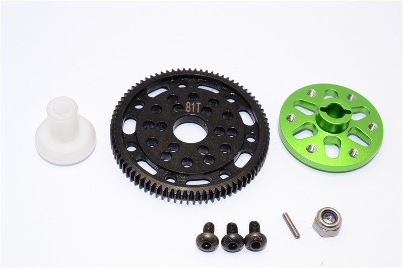 Axial SCX10 & Wraith Steel #45 Spur Gear 48 Pitch 81T + Aluminum Spur Gear Adapter - 1 Set Green
