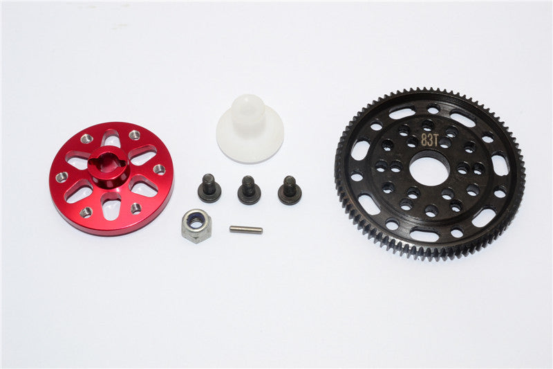 Axial SCX10 & Wraith Steel #45 Spur Gear 48 Pitch 83T + Aluminum Spur Gear Adapter - 1 Set Red